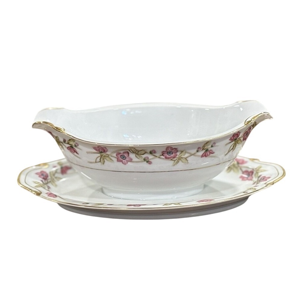 Valmont China Briar Rose Gravy Boat Attached Underplate Pink Flowers Cottage